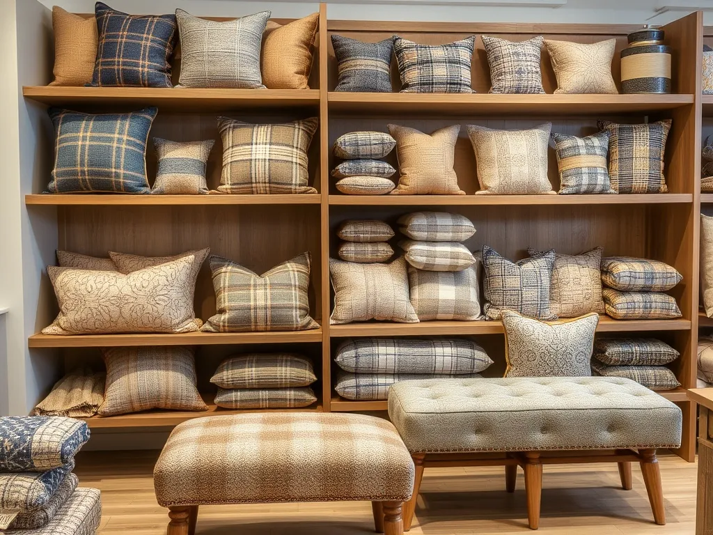 Living room with tweed cushions and soft lighting